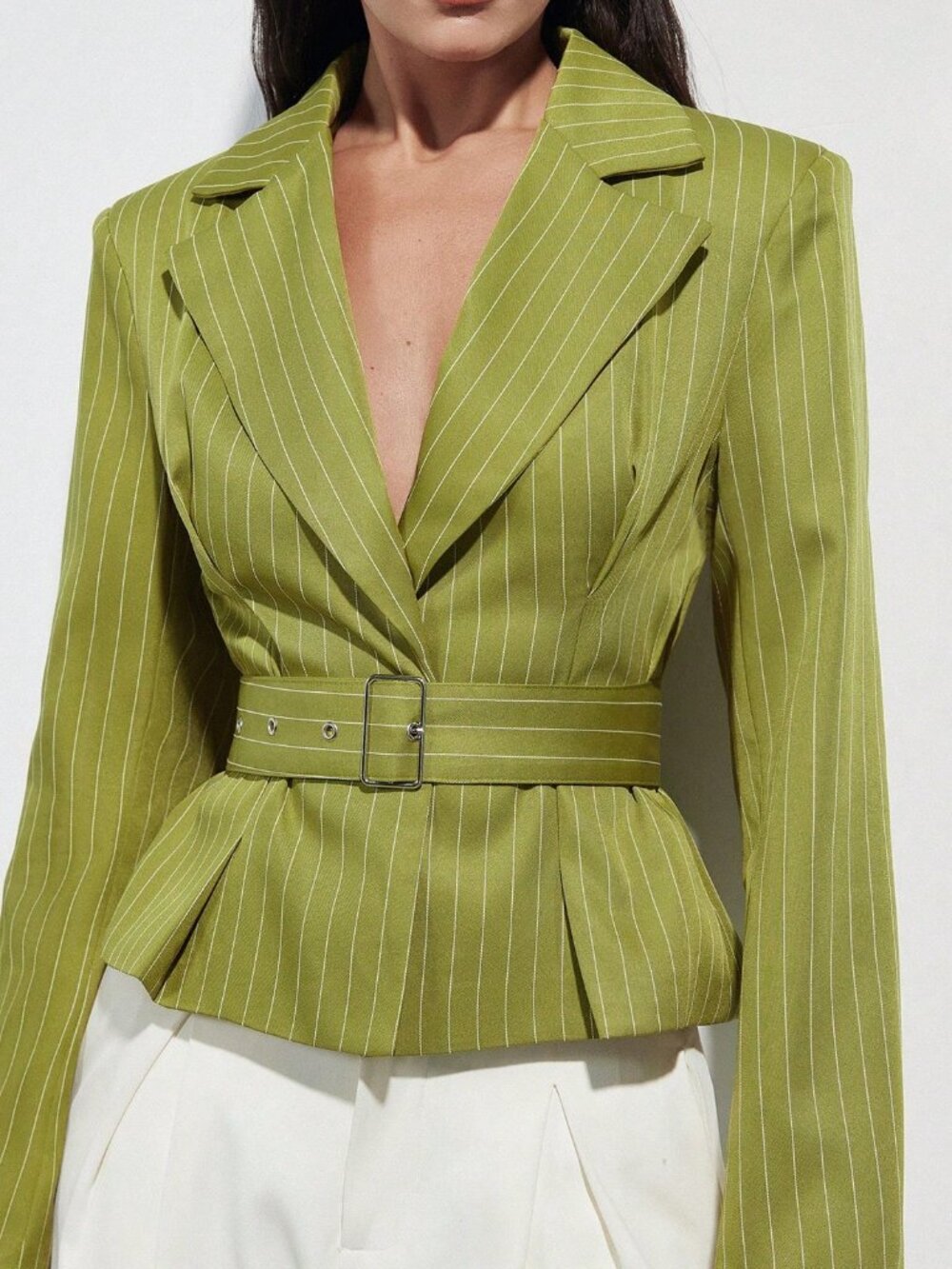 Green Elegant Chic Women's Work Blazer Jacket, Pinstripe, Adjustable Belt - Picture 3 of 7